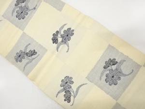 アンティーク　手織り紬　変わり市松に草花模様織り出し名古屋帯